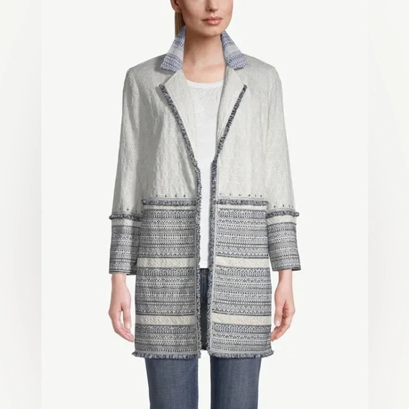 CHICO'S COTTON EYELET OVERSIZE TOPPER EMBELLISHED TRIM 3/4 SLEEVE JACKET SIZE 1P - Picture 1 of 11